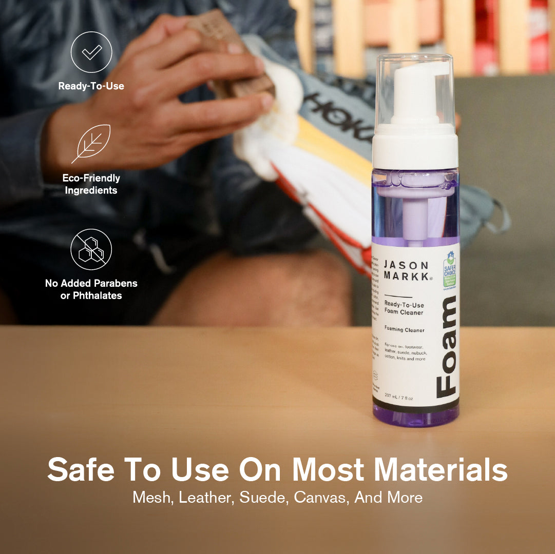 Ready-To-Use foam from Jason Markk on a table with text highlighting features and material safety.