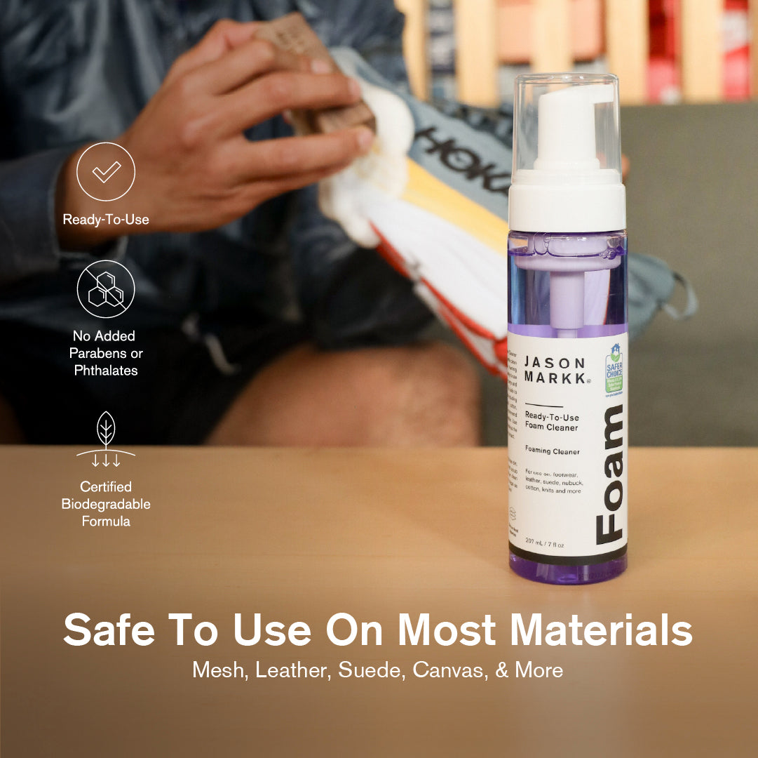 Ready-To-Use foam from Jason Markk on a table with text highlighting features and material safety.