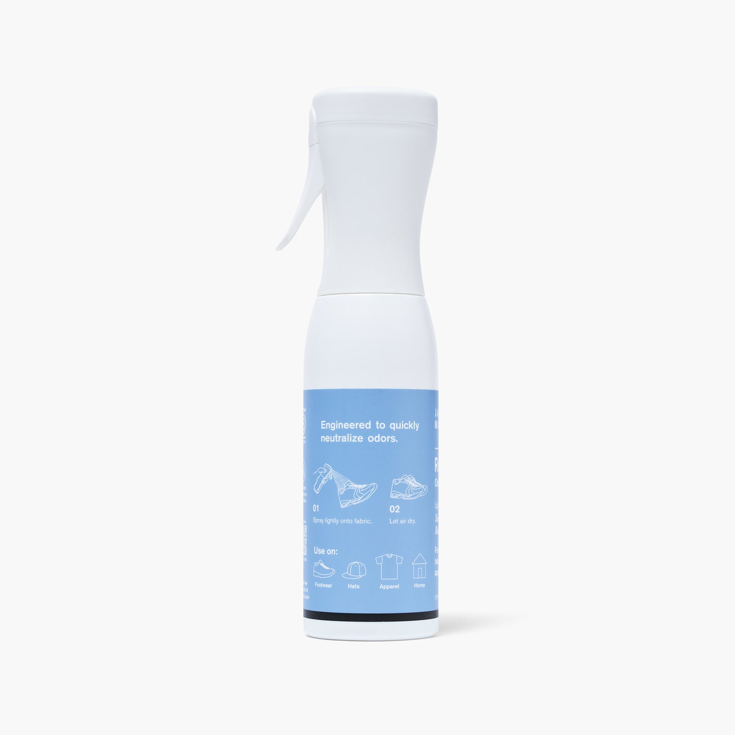 Back view of Jason Markk Refresh Odor Neutralizer spray bottle, 177mL / 6 fl oz. Lightly scented in Sierra Rain. For footwear, hats, and apparel. EPA Safer Choice certified. White continuous mist trigger bottle with a blue label.