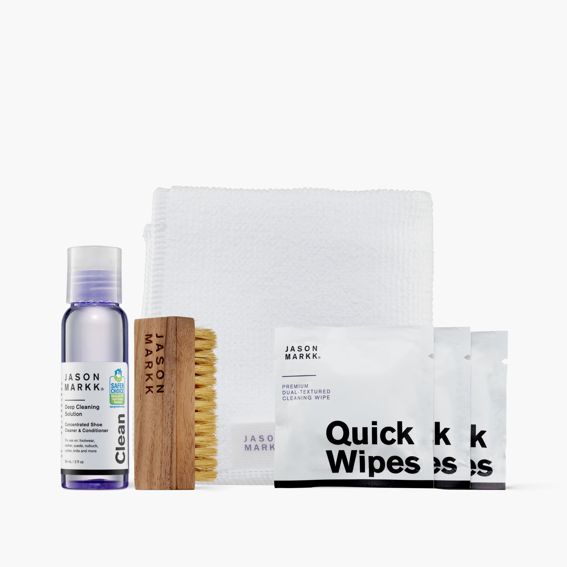 Jason Markk Travel Kit - 2oz Deep Cleaning Solution, Delicates Cleaning Brush, Premium Microfiber Towel, Quick Wipes (3) Out of Packaging