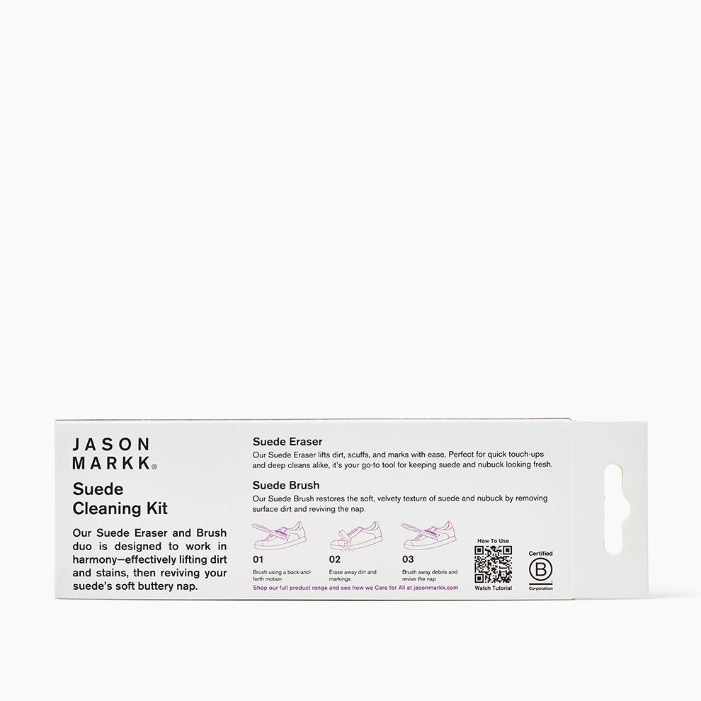 Jason Markk Suede Kit Brush and Eraser packaging, back of box.