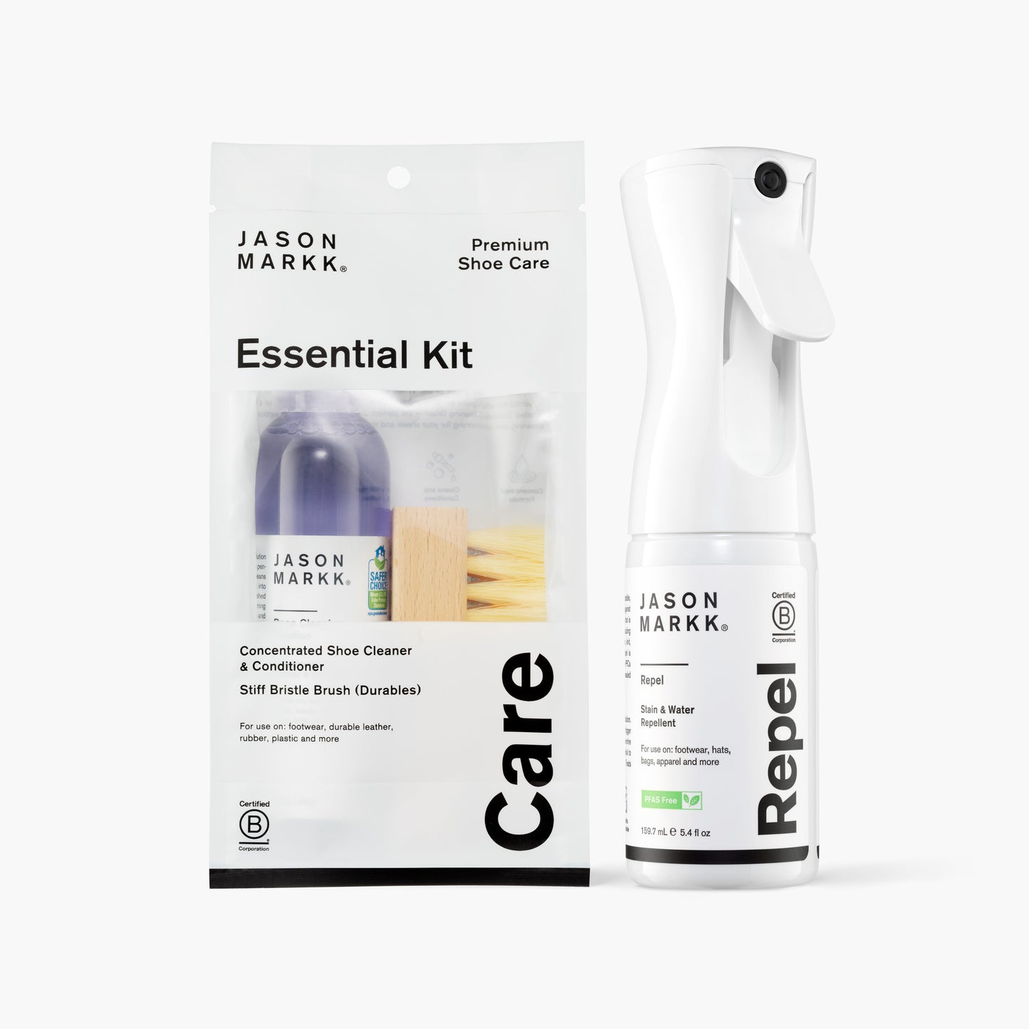 A photo showing the Jason Markk Essential Kit and the Repel Spray.