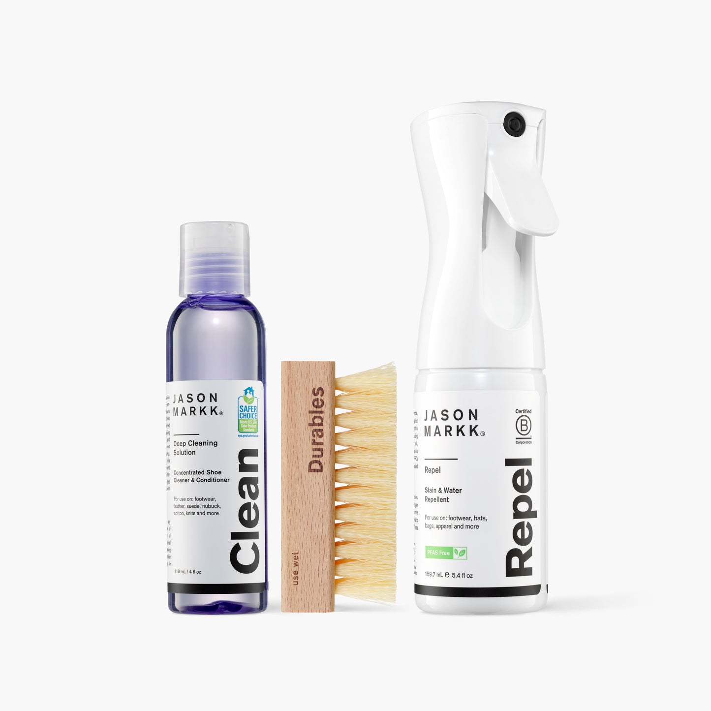 A photo showing the Jason Markk Essential Kit out of package and the Repel Spray.