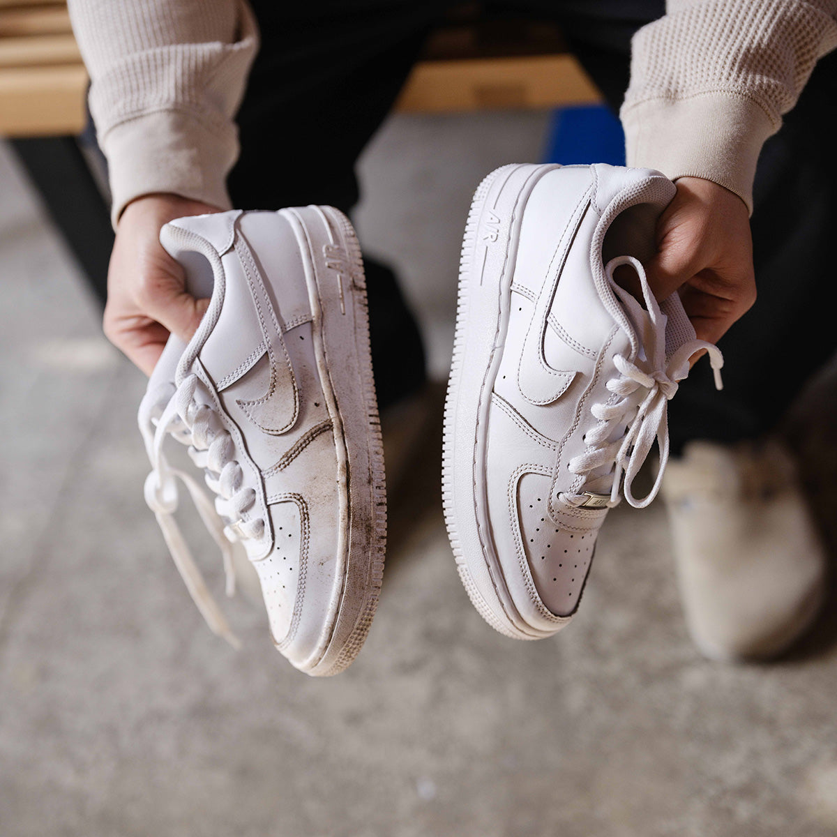 Side by side comparison of before and after cleaning leather shoes with Jason Markk Leather Care Bundle