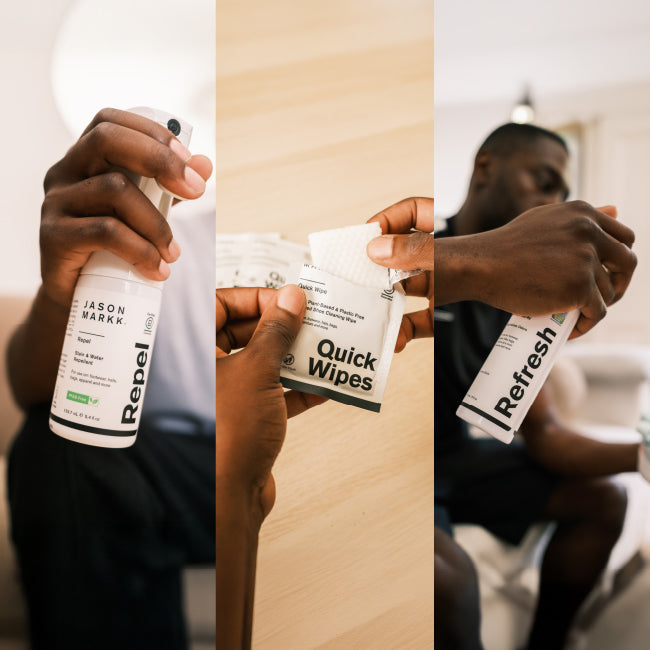 Collage of a person using different Jason Markk products, including Repel Spray, Quick Wipes, and Refresh Spray.