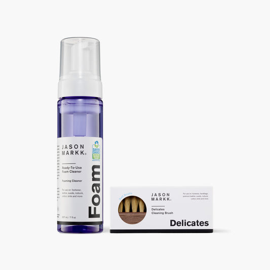A photo showing the Jason Markk 7oz Ready-To-Use Foam Cleaner and the Delicates Brush in package.