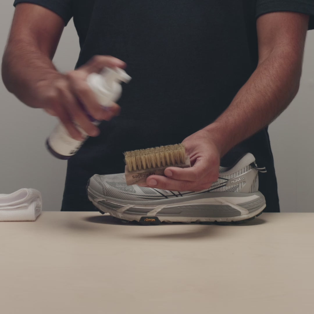 JASON MARKK STEP BY STEP PROCESS APPLYING, SCRUBBING & WIPING GRAY HOKA MAFATE SPEED 2 WITH FOAM CLEANER, DELICATES BRUSH AND MICROFIBER TOWEL