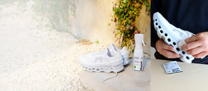 White sneakers with a bottle of Repel alongside an image of the same white sneaker being cleaned with Quick Wipes.