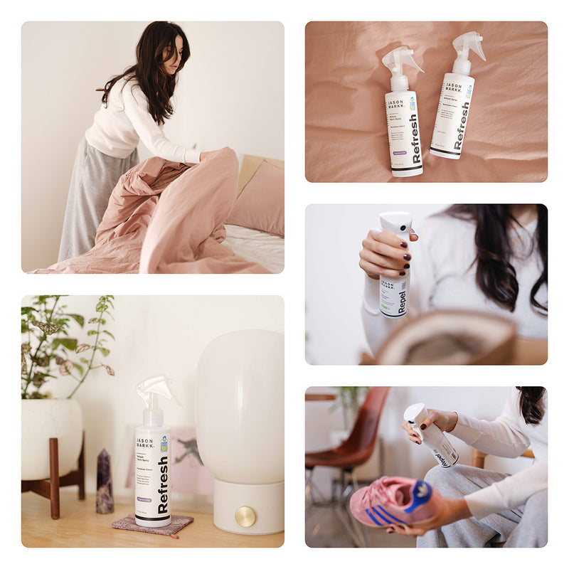 Lifestyle collage featuring Jason Markk Refresh shoe deodorizer spray used in everyday settings—spraying inside sneakers, freshening home linens, and placed on a dresser. Multi-use odor-eliminating spray designed for shoes, apparel, and living spaces to keep footwear and environments clean and fresh.