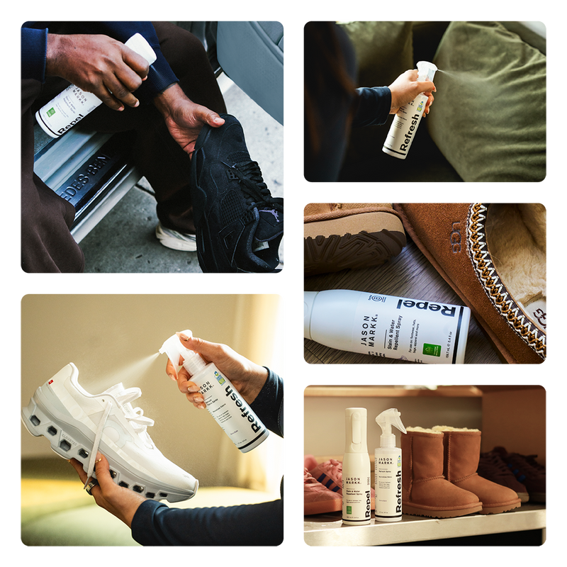 Collage of Jason Markk shoe care products in use, including Repel stain and water repellent spray and Refresh odor-eliminating spray. Demonstrates spraying sneakers, suede boots, and home fabrics. Versatile shoe care solutions designed to protect footwear from stains and keep shoes, apparel, and spaces fresh and clean.
