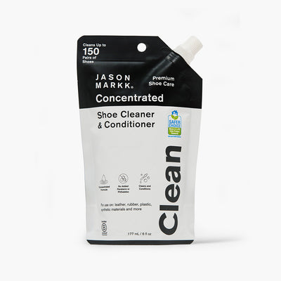 Jason Markk Concentrated Shoe Cleaner & Conditioner, 177mL / 6 fl oz. Cleans up to 150 pairs of shoes. Concentrated formula, no added parabens or phthalates, cleans and conditions. For use on leather, rubber, plastic, synthetic materials and more. EPA Safer Choice certified, B Corporation certified. White and black spouted pouch, white background.