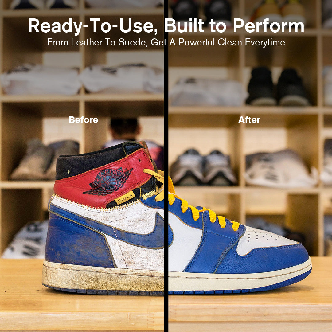 Before and after comparison of a sneaker with cleaning solution application, set against a shoe rack background.