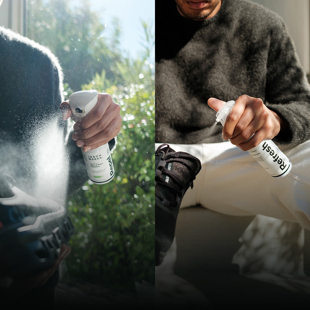 Person using Repel Spray and Refresh Spray in two different settings.