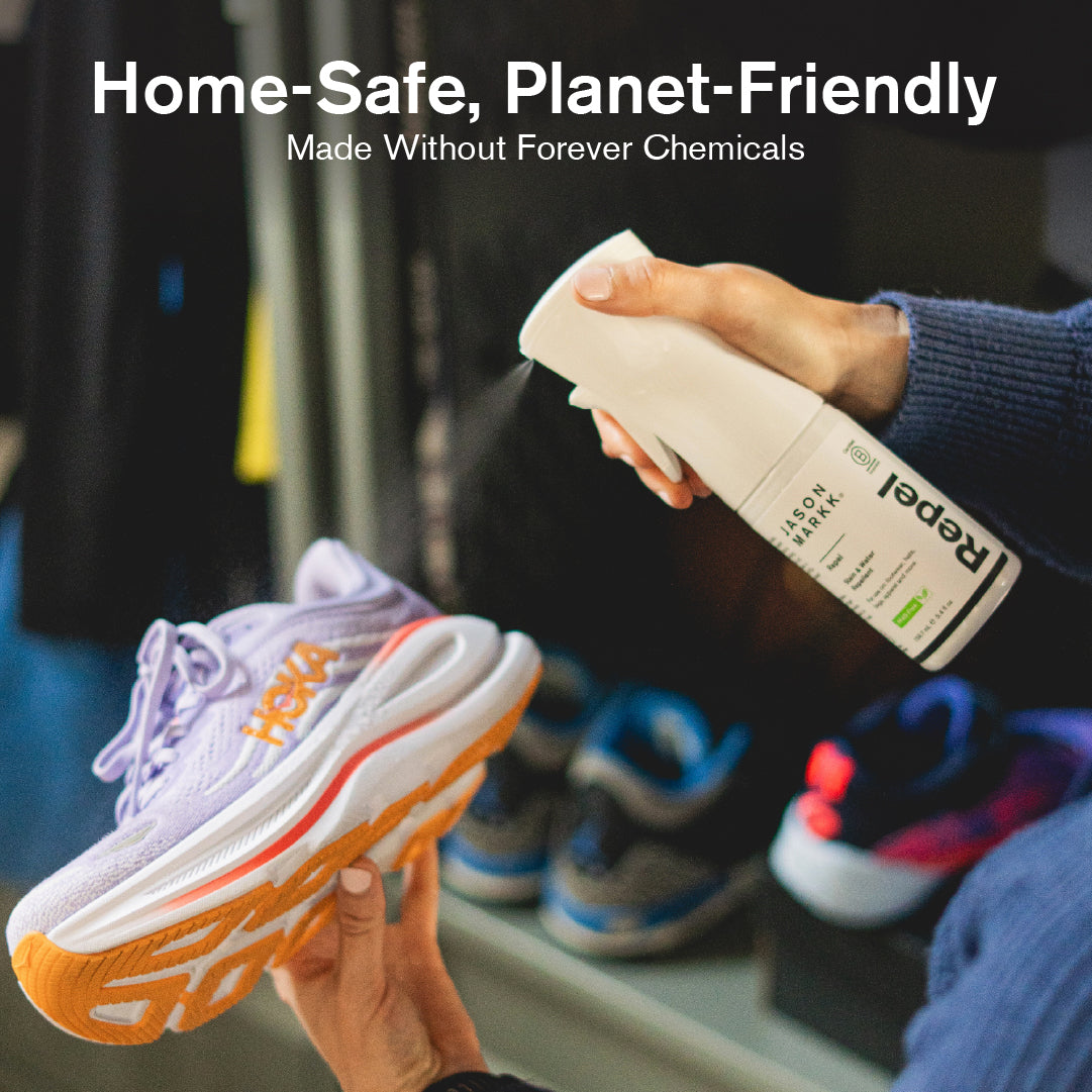 Person using a Repel Spray on a shoe with text about being 'Home-Safe, Planet-Friendly'.