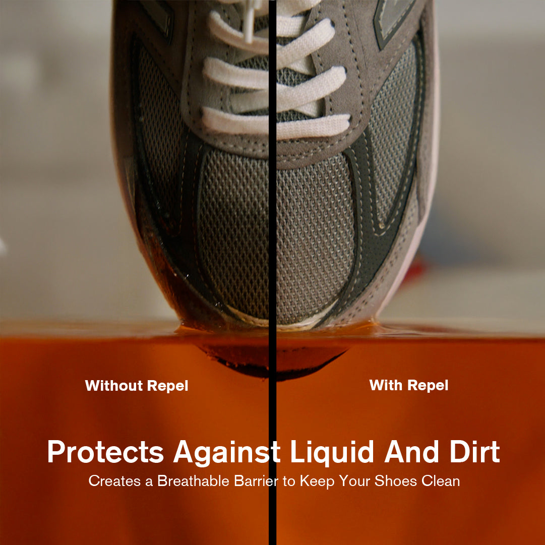 Comparison of a gray sneaker with and without a Repel Spray product on a showing product effectiveness.