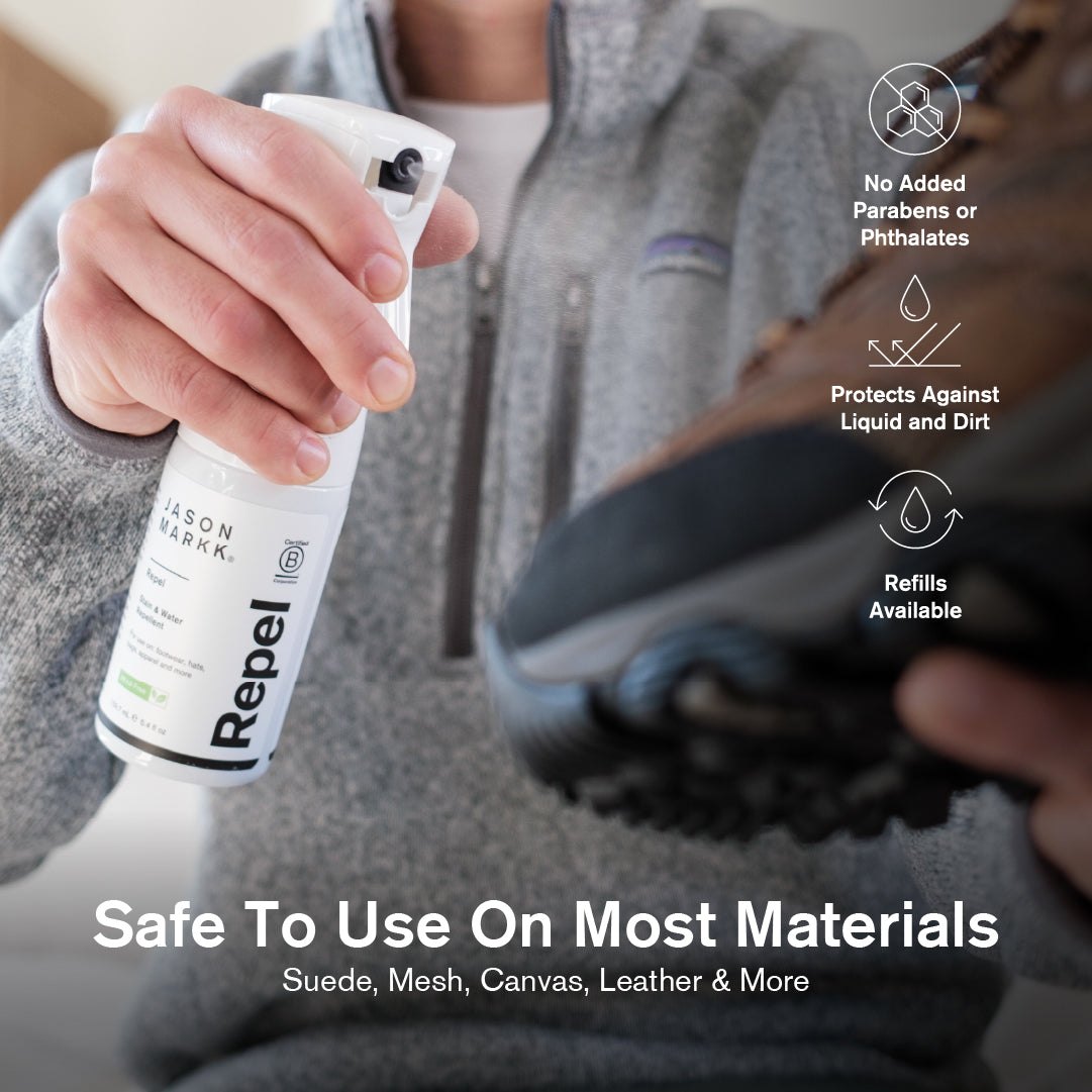 Person holding a bottle of Jason Markk Repel Spray near a shoe, with product features displayed.
