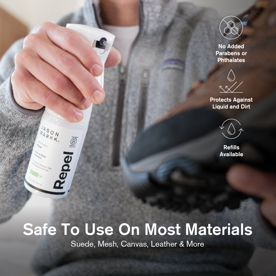 Person holding a bottle of Jason Markk Repel Spray near a shoe, with product features displayed.