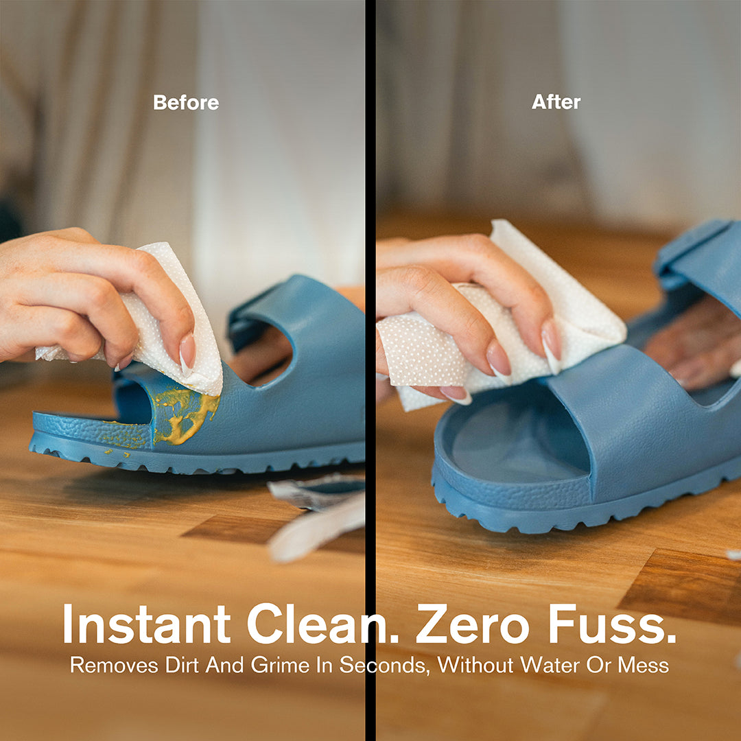 Before and After of cleaning a blue sandal with a Quick Wipe on a wooden surface.