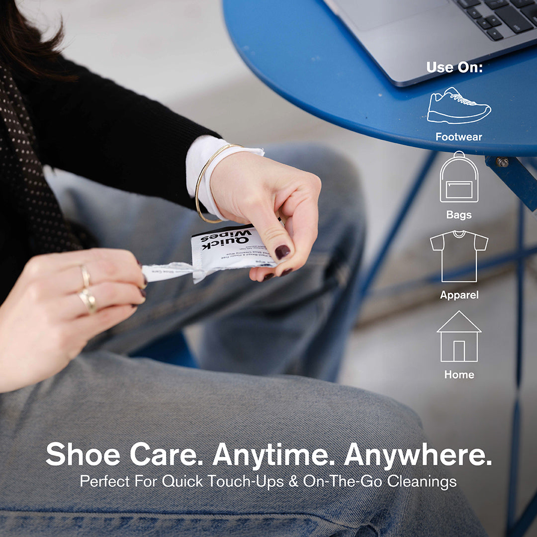 Person opening a Quick Wipe with text 'Shoe Care. Anytime. Anywhere.'