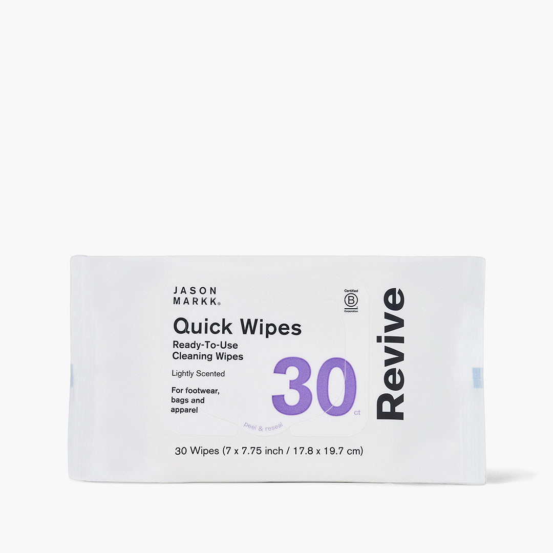 Jason Markk Essential 30pk Quick Wipes packaging on white background. Label reads: Quick Wipes, Ready-To-Use Cleaning Wipes, Lightly Scented, For footwear, bags and apparel, 30ct, peel & reseal. Bottom reads: 30 Wipes (7 x 7.75 inch / 17.8 x 19.7 cm). Certified B Corporation logo displayed.