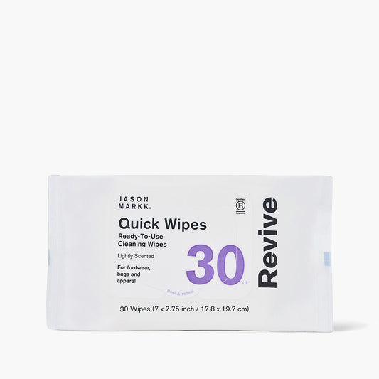 Jason Markk Essential 30pk Quick Wipes packaging on white background. Label reads: Quick Wipes, Ready-To-Use Cleaning Wipes, Lightly Scented, For footwear, bags and apparel, 30ct, peel & reseal. Bottom reads: 30 Wipes (7 x 7.75 inch / 17.8 x 19.7 cm).