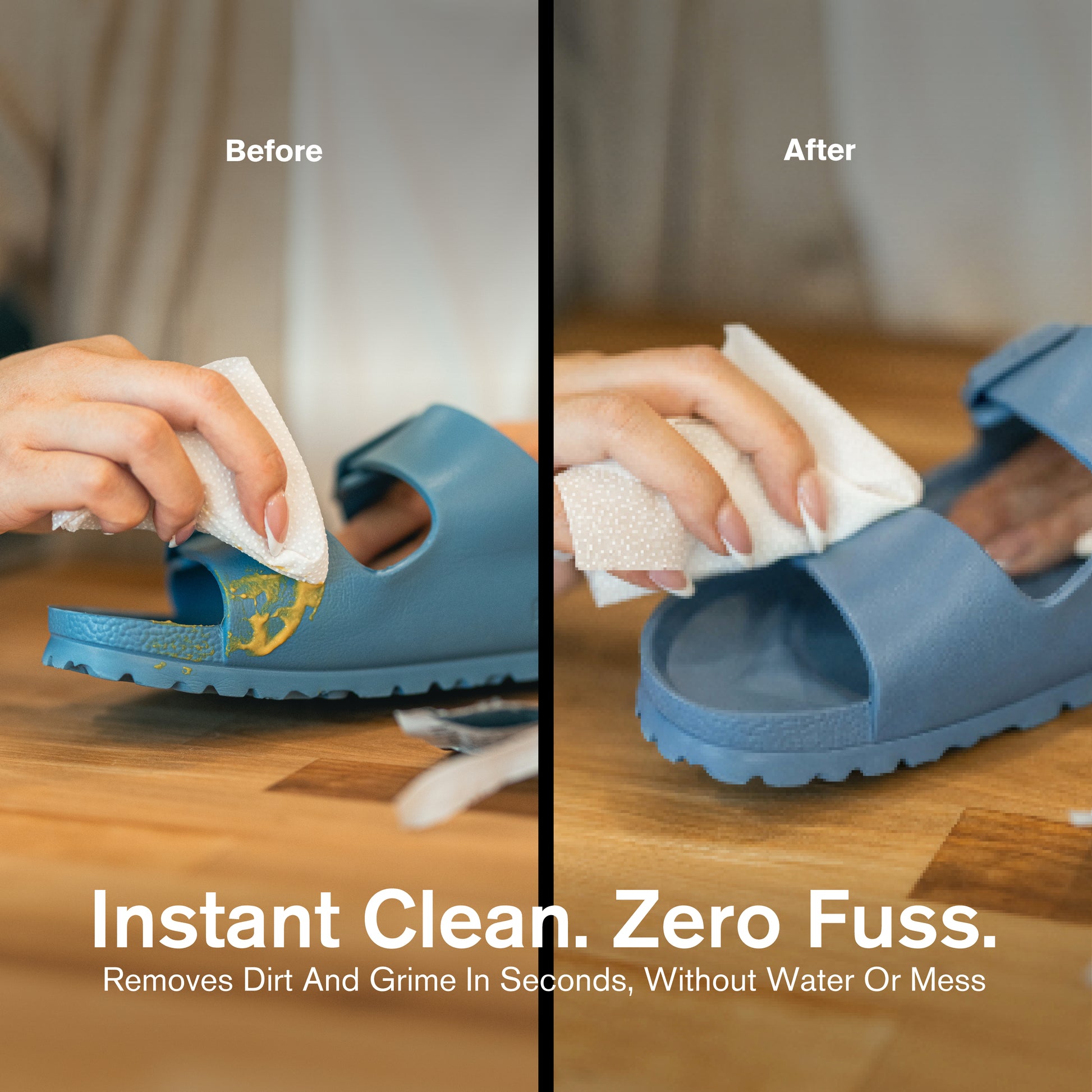 Split before-and-after image of a blue slide sandal being cleaned with a Jason Markk plant-based shoe cleaning wipe on a wood surface. The left "Before" panel shows visible yellow dirt and grime on the sandal strap, while the right "After" panel shows the same sandal completely clean after wiping. Text overlay reads: "Instant Clean. Zero Fuss. – Removes Dirt And Grime In Seconds, Without Water Or Mess."