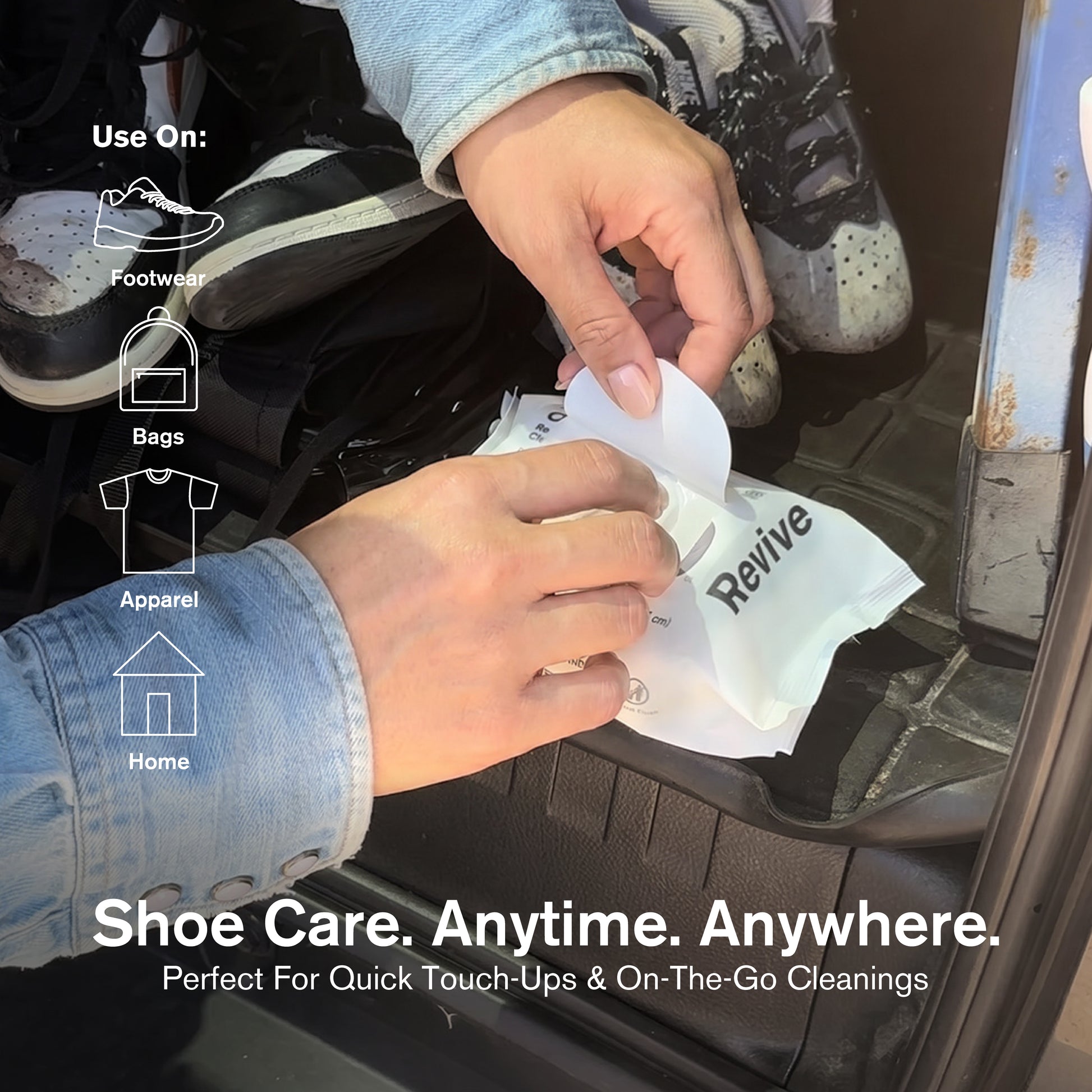 Hands opening a Quick Wipes Essential 30 Pack cleaning wipe packet inside a car, sneakers visible in background. Text reads: "Shoe Care. Anytime. Anywhere. Perfect For Quick Touch-Ups & On-The-Go Cleanings." Use On icons listed: Footwear, Bags, Apparel, Home. Lifestyle shot showing on-the-go convenience of Jason Markk Essential Quick Wipes.