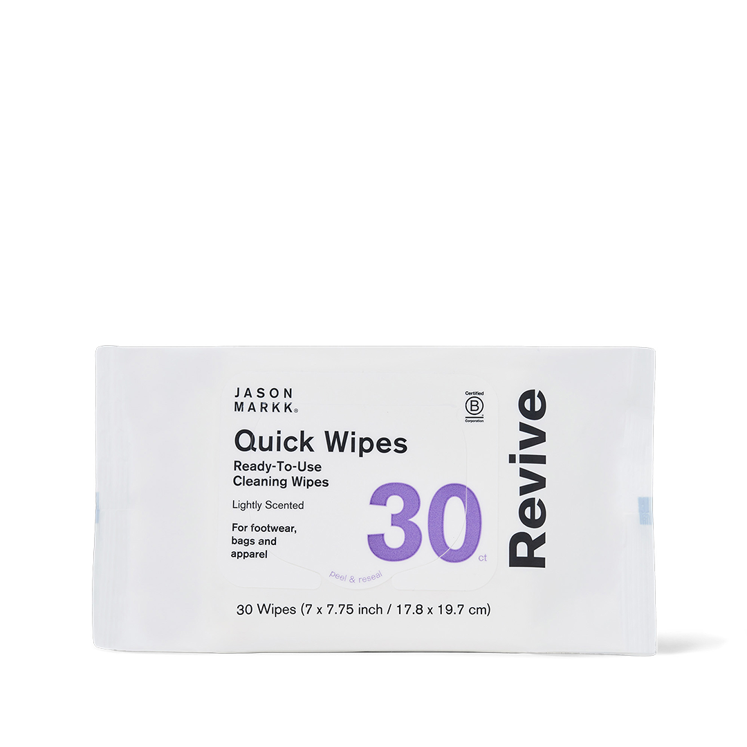 Jason Markk Essential 30pk Quick Wipes packaging on white background. Label reads: Quick Wipes, Ready-To-Use Cleaning Wipes, Lightly Scented, For footwear, bags and apparel, 30ct, peel & reseal. Bottom reads: 30 Wipes (7 x 7.75 inch / 17.8 x 19.7 cm). Certified B Corporation logo displayed.