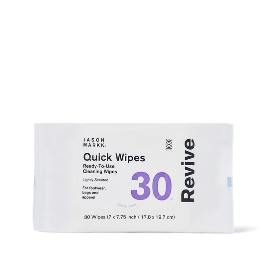 Jason Markk Essential 30pk Quick Wipes packaging on white background. Label reads: Quick Wipes, Ready-To-Use Cleaning Wipes, Lightly Scented, For footwear, bags and apparel, 30ct, peel & reseal. Bottom reads: 30 Wipes (7 x 7.75 inch / 17.8 x 19.7 cm). Certified B Corporation logo displayed.