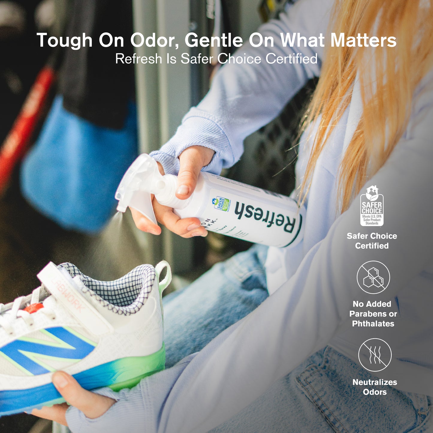 Person holding a bottle of Jason Markk Refresh odor neutralizing spray next to a sneaker with text about the product's benefits.