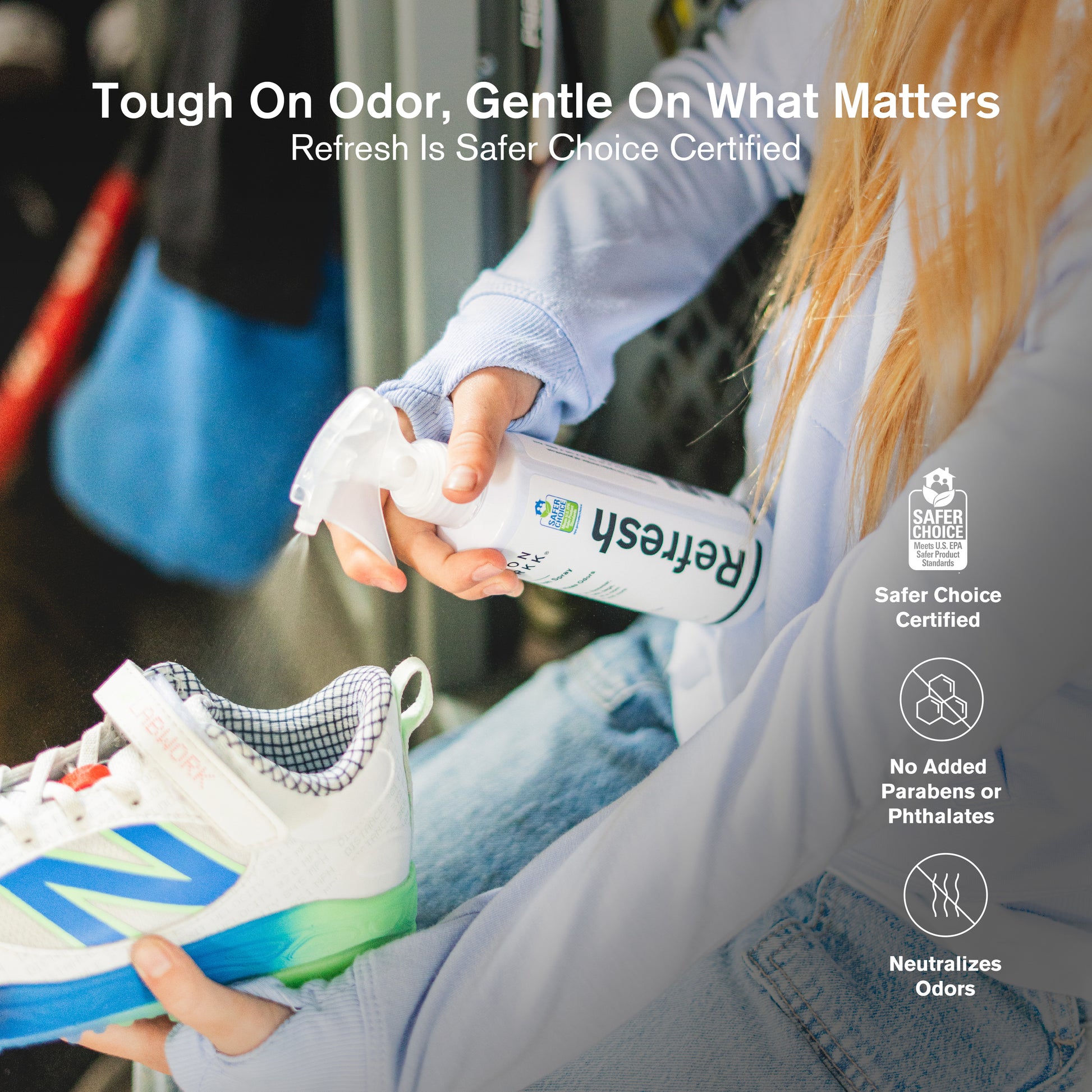 Person holding a bottle of Jason Markk Refresh odor neutralizing spray next to a sneaker with text about the product's benefits.
