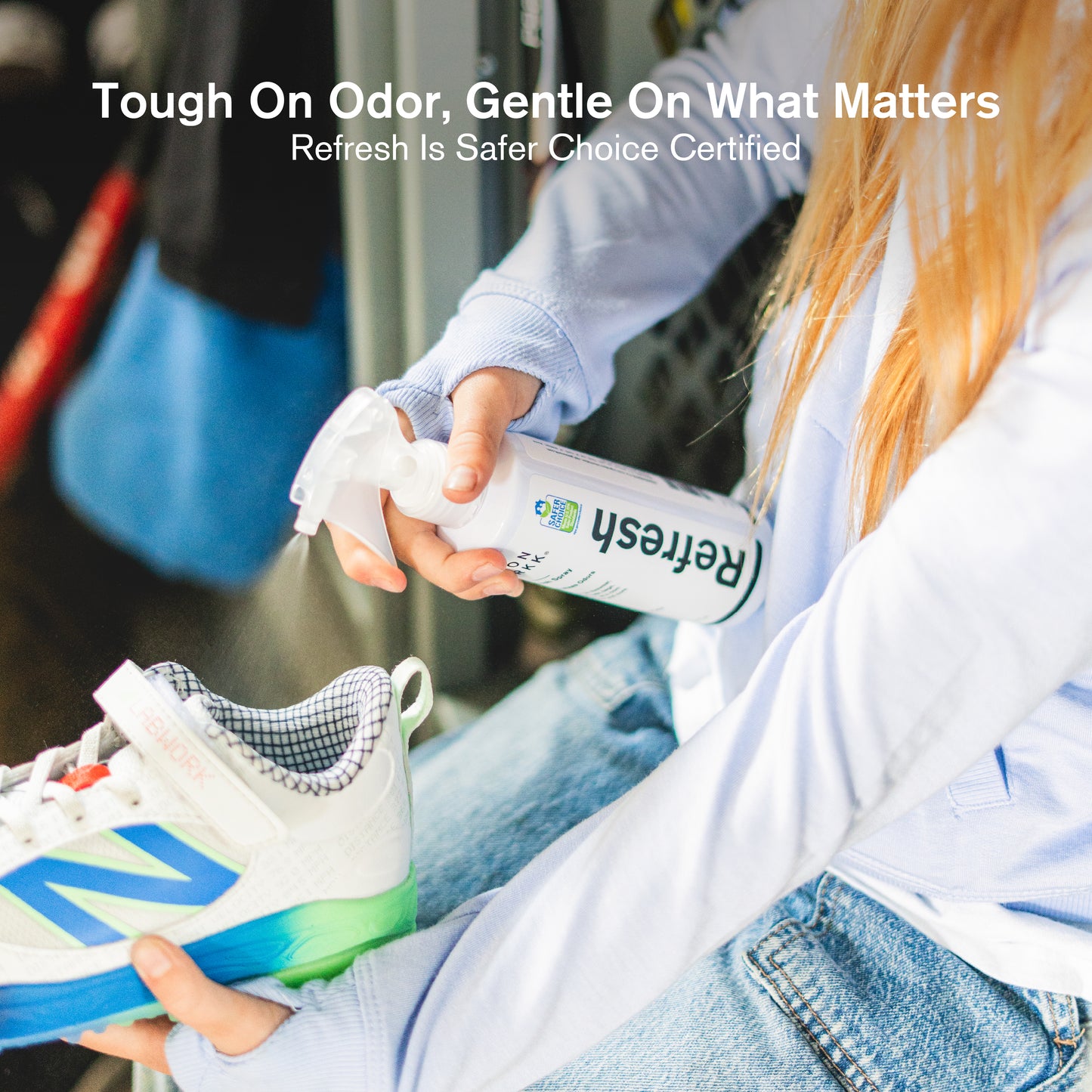 Person holding a bottle of Jason Markk Refresh odor neutralizing spray next to a sneaker with text about the product's benefits.