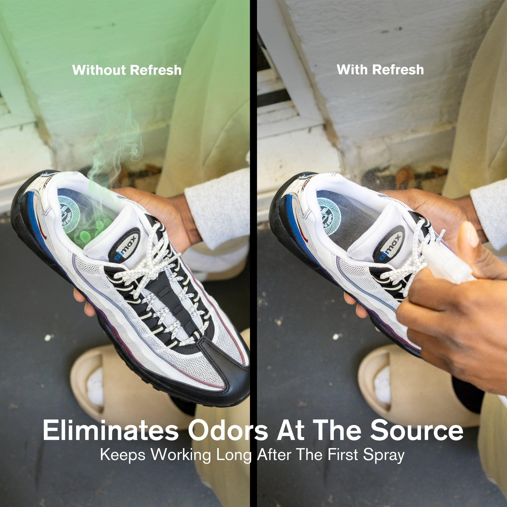 Comparison of a shoe with and without Jason Markk Refresh Spray, labeled 'Without Refresh' and 'With Refresh', respectively.