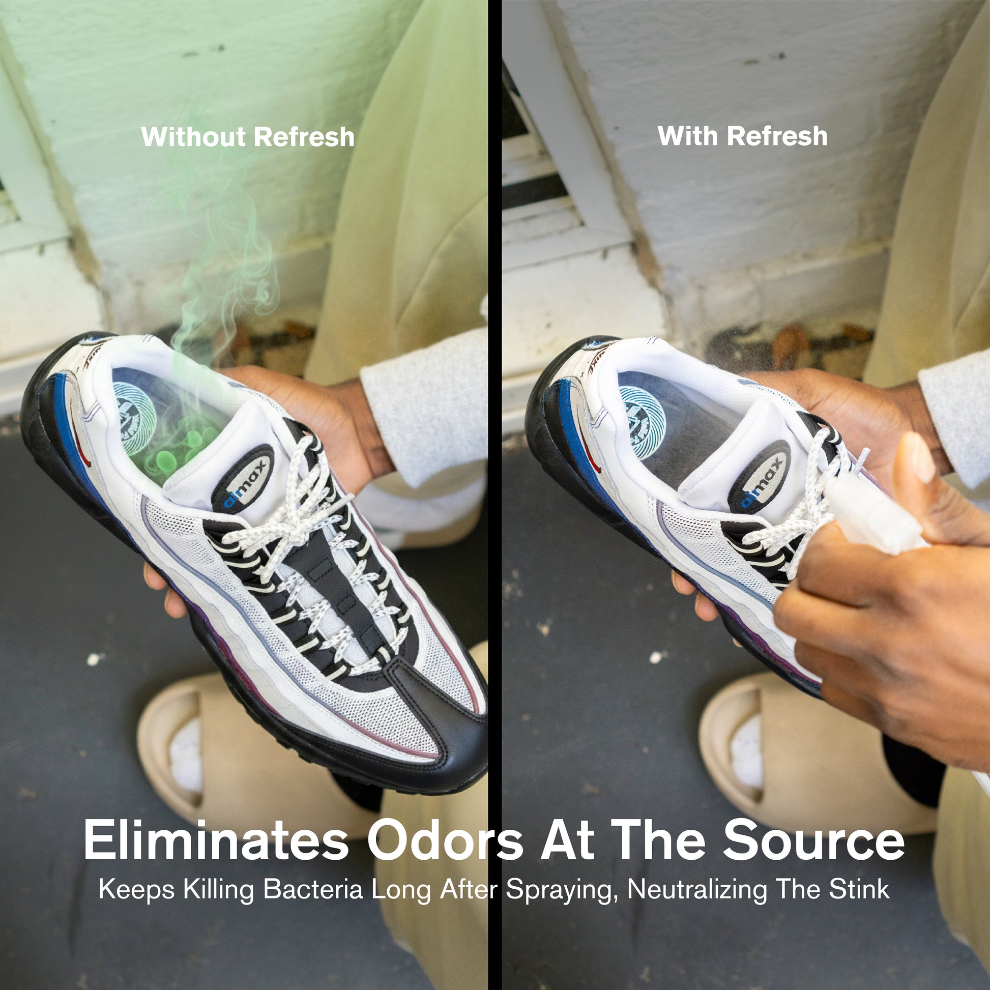 Comparison of a shoe with and without Jason Markk Refresh Spray, labeled 'Without Refresh' and 'With Refresh', respectively.