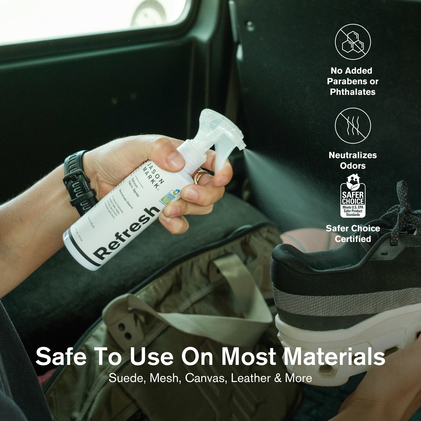 Person using a bottle of Refresh Spray on a black and white sneaker with certification icons and text.
