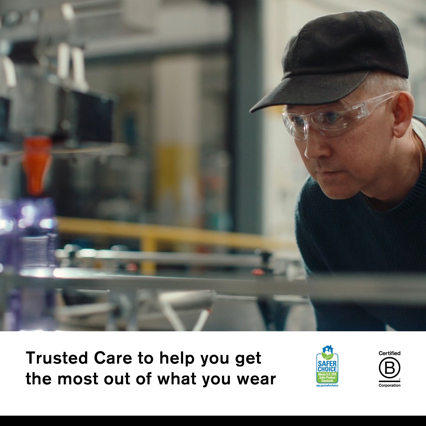 Jason Markk wearing safety glasses and a cap in a factory setting with text about Trusted Care.