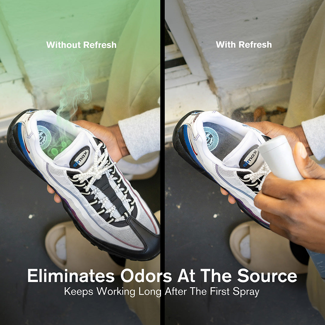 Before and after comparison of Jason Markk Refresh Odor Neutralizer on a sneaker. Left panel labeled 'Without Refresh' shows green odor fumes rising from shoe. Right panel labeled 'With Refresh' shows spray being applied, no odor. Text reads: Eliminates Odors At The Source – Keeps Working Long After The First Spray.