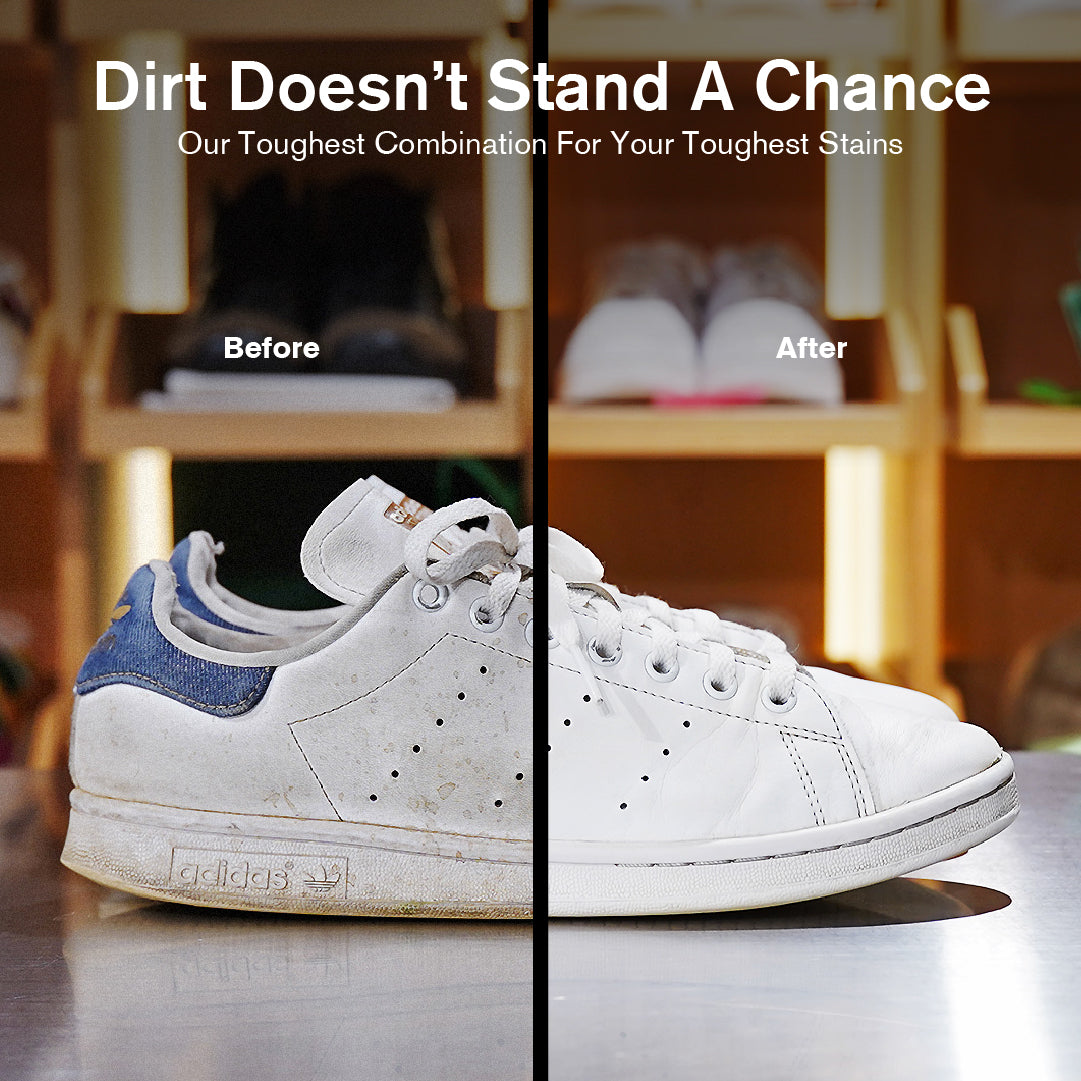 Before and after comparison of a white Adidas Stan Smith with visible dirt, showing cleaning effect of the Essential Kit.