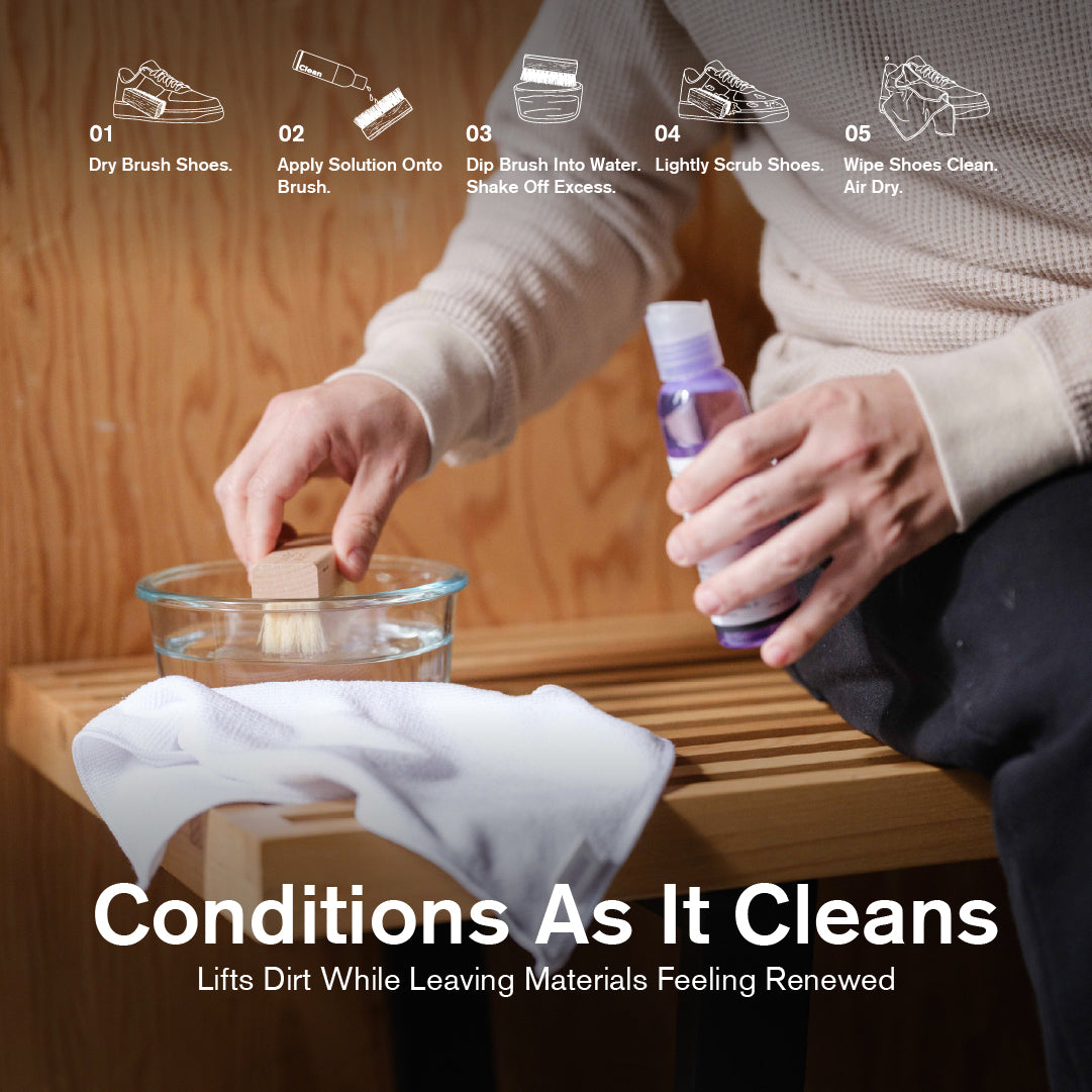 Person cleaning shoes with Deep Cleaning Solution and a Durables Brush, accompanied by step-by-step instructions.