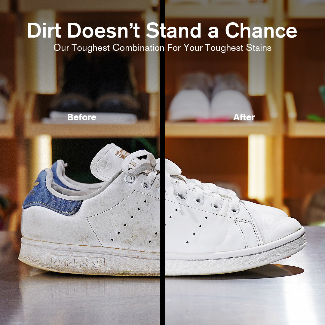 Before and after comparison of a white Adidas Stan Smith with visible dirt, showing cleaning effect of the Essential Kit.