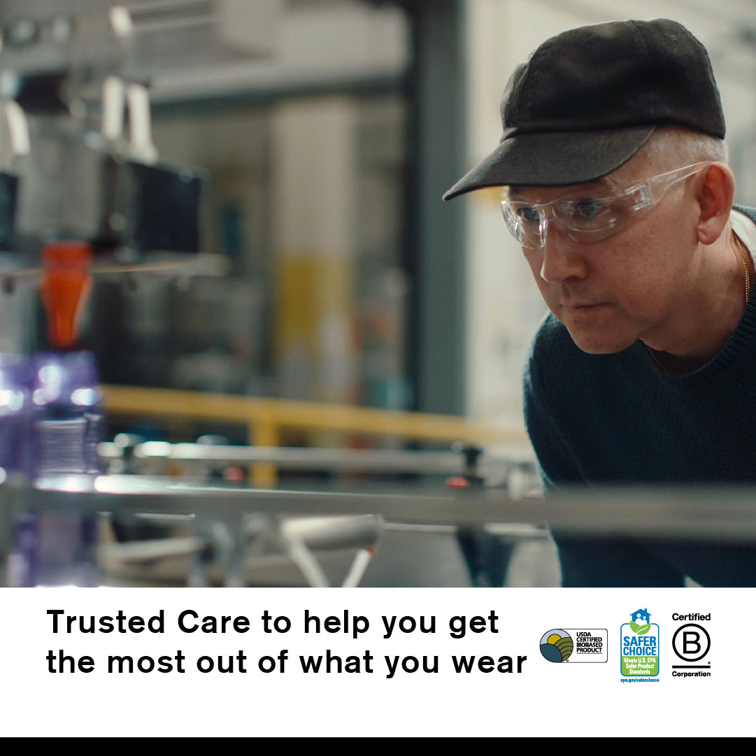 Jason Markk wearing safety glasses in a workshop with text about Trusted Care.