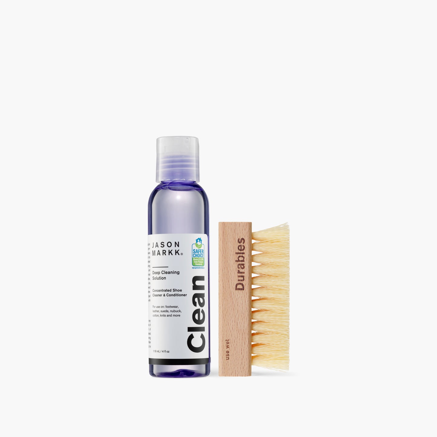 Jason Markk Essential Kit - 4oz Deep Cleaning Solution bottle and Durables Cleaning Brush out of packaging. 