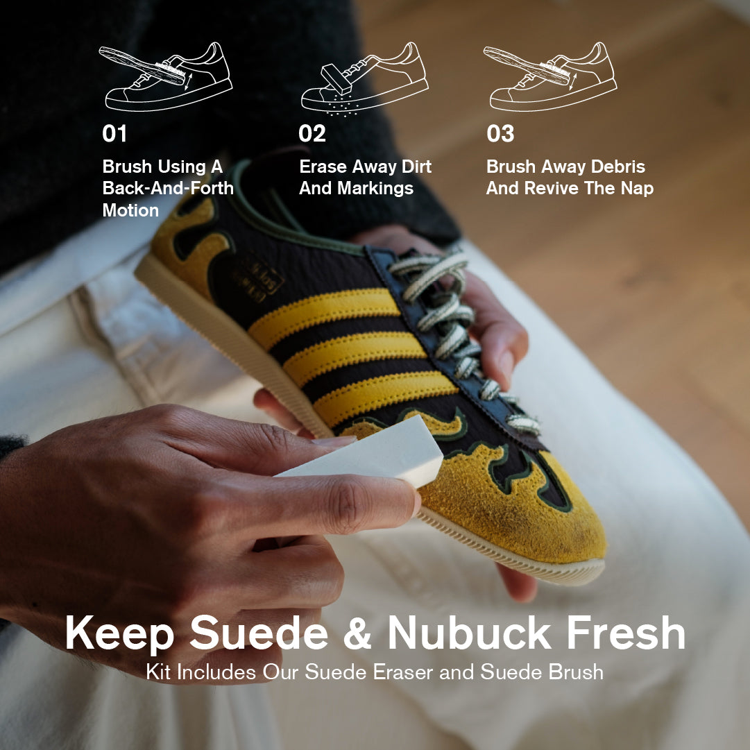 Person cleaning a yellow and black sneaker with a suede eraser and brush, accompanied by step-by-step instructions.