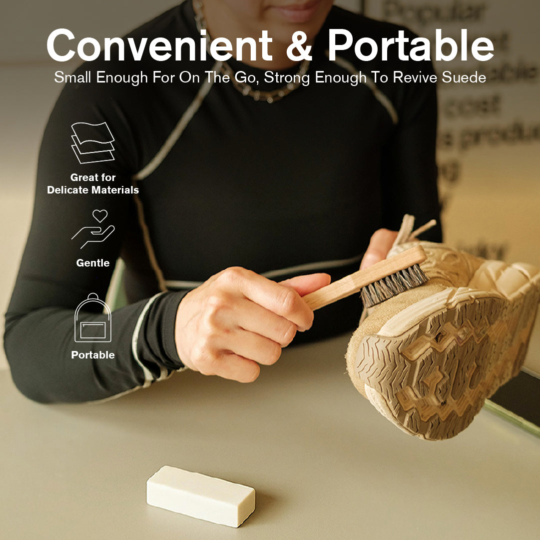 Person using a brush on a suede product with text highlighting features.