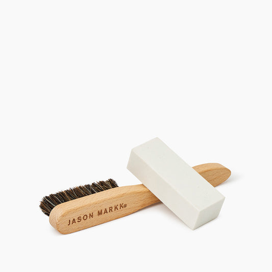 Jason Markk Suede Kit Brush and Eraser out of packaging.