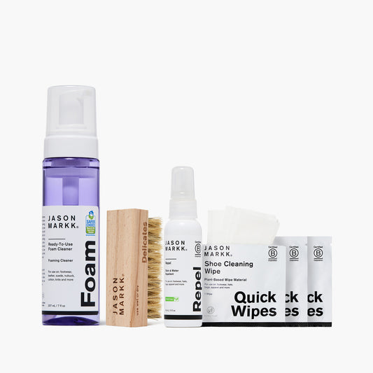 Jason Markk Care Kit - 7oz Ready to Use Foam Cleaner, Delicates Cleaning Brush, 2oz Repel Spray and 3 Quick Wipes Out of Packaging