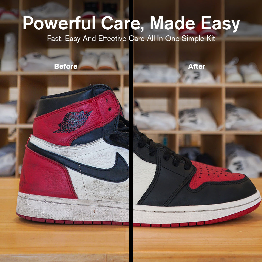 Before and after comparison of a sneaker with cleaning solution application, set against a shoe rack background.