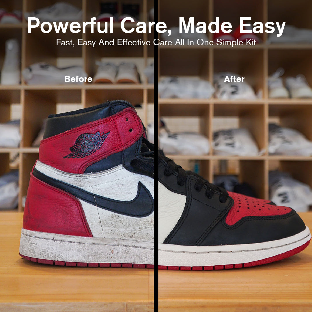 Before and after comparison of a sneaker with cleaning solution application, set against a shoe rack background.