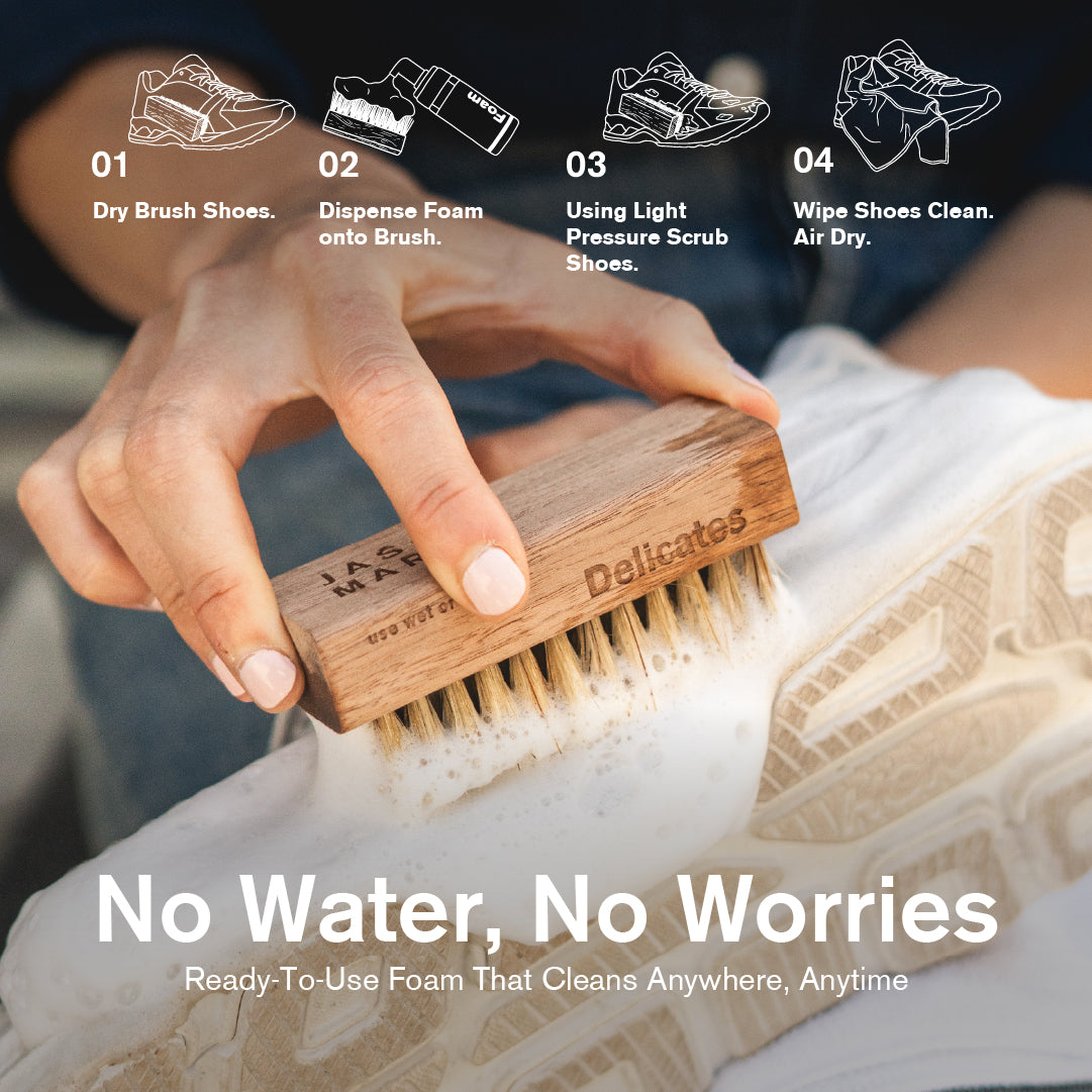 Person cleaning a shoe with a brush and Ready-To-Use foam, with text on how to use the product.