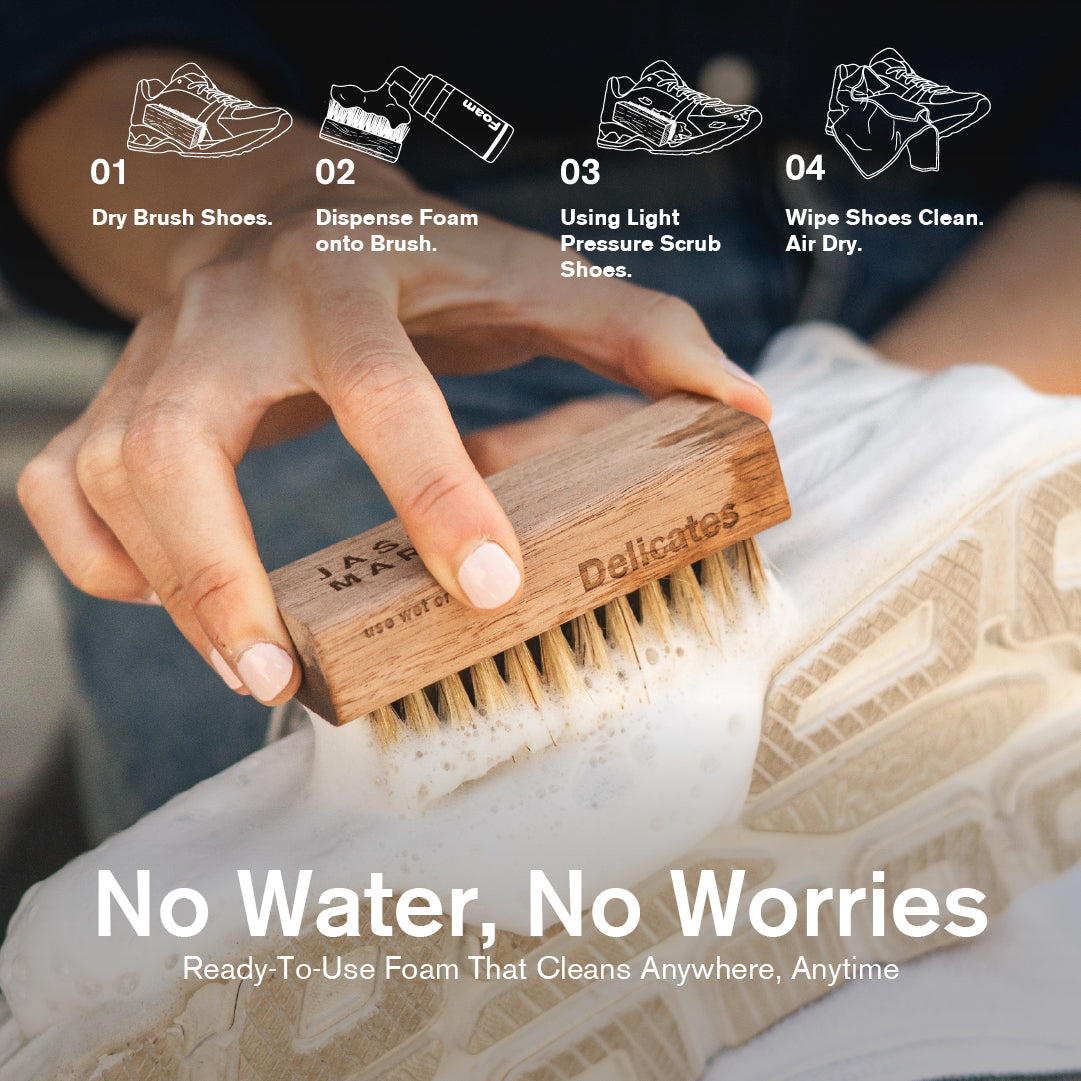 Person cleaning a shoe with a brush and Ready-To-Use foam, with text on how to use the product.